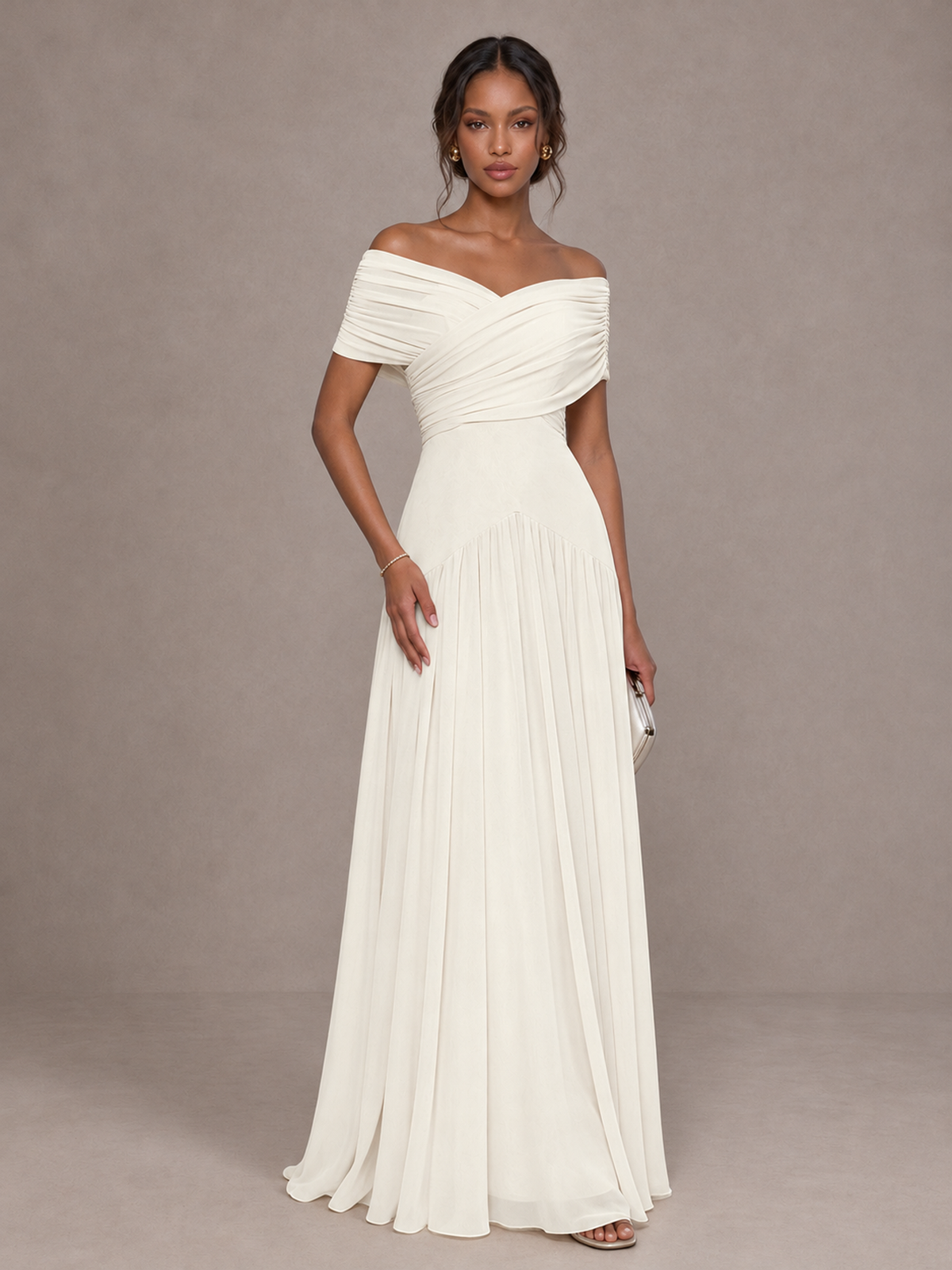 BOLODOO Ivory Off-Shoulder Ruched A-Line Bridesmaid Dress - Ivory - Ivory (1)
