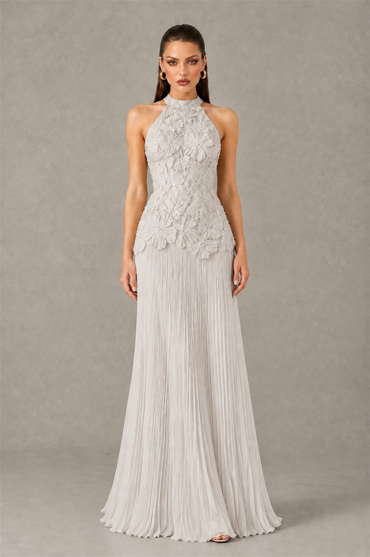 BOLODOO Ivory 3D Floral Applique Halter Neck Open Back Pleated Maxi Dress - Ivory