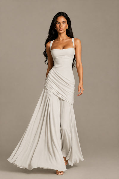 BOLODOO Square Neck Ruched A-Line Maxi Dress - Ivory Backless Evening Gown - Ivory