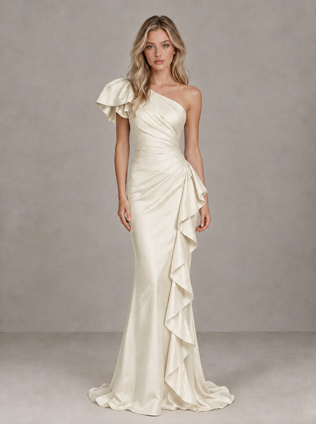BOLODOO Ivory One-Shoulder Satin-Look Mermaid Evening Dress with Ruffles - Ivory - Ivory (1)