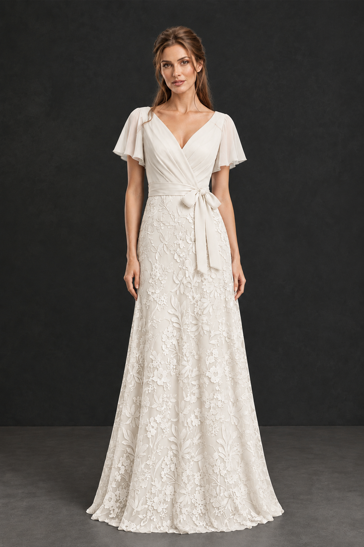 BOLODOO Ivory Flutter Sleeve Lace Mother of the Bride Dress - Ivory