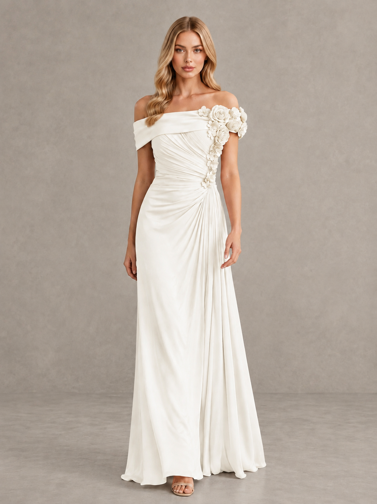 BOLODOO Ivory Off-Shoulder Floral Applique Wedding Guest Maxi Dress - Ivory - Ivory (1)
