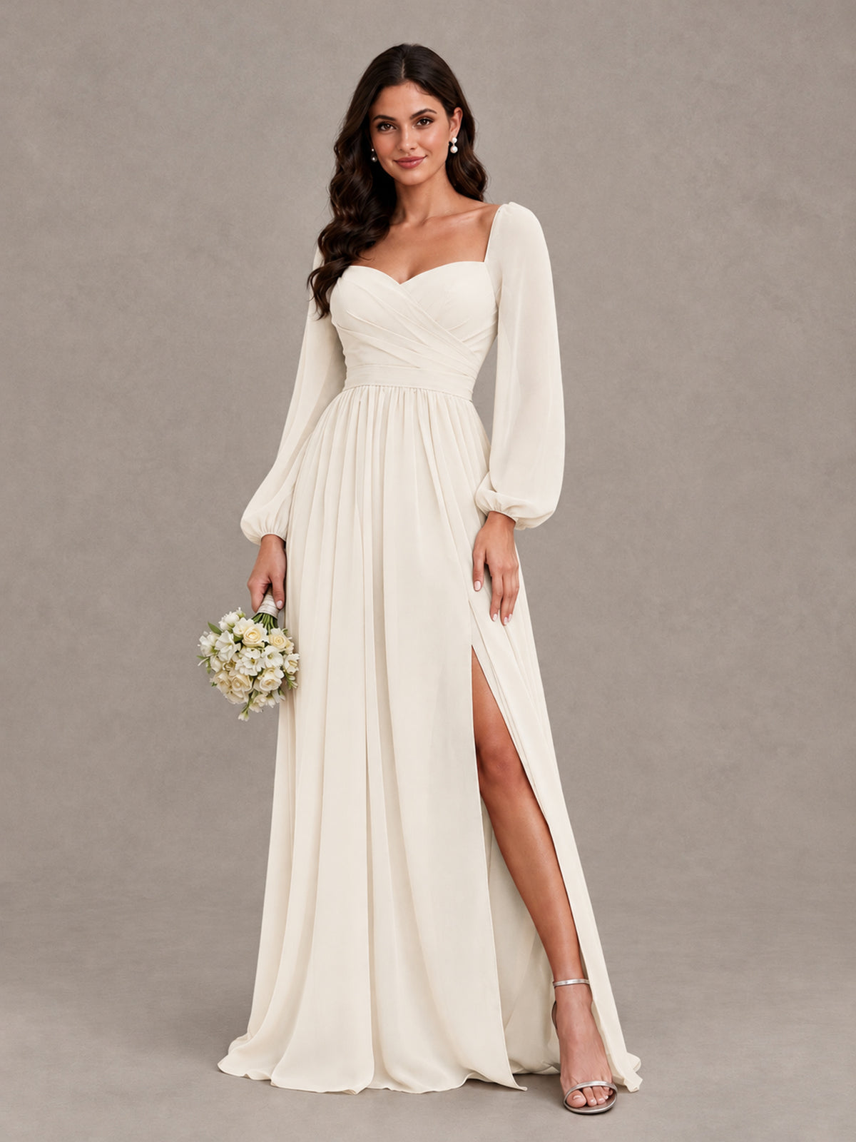BOLODOO Ivory Long Sleeve Chiffon Bridesmaid Dress with Slit - Ivory - Ivory (1)