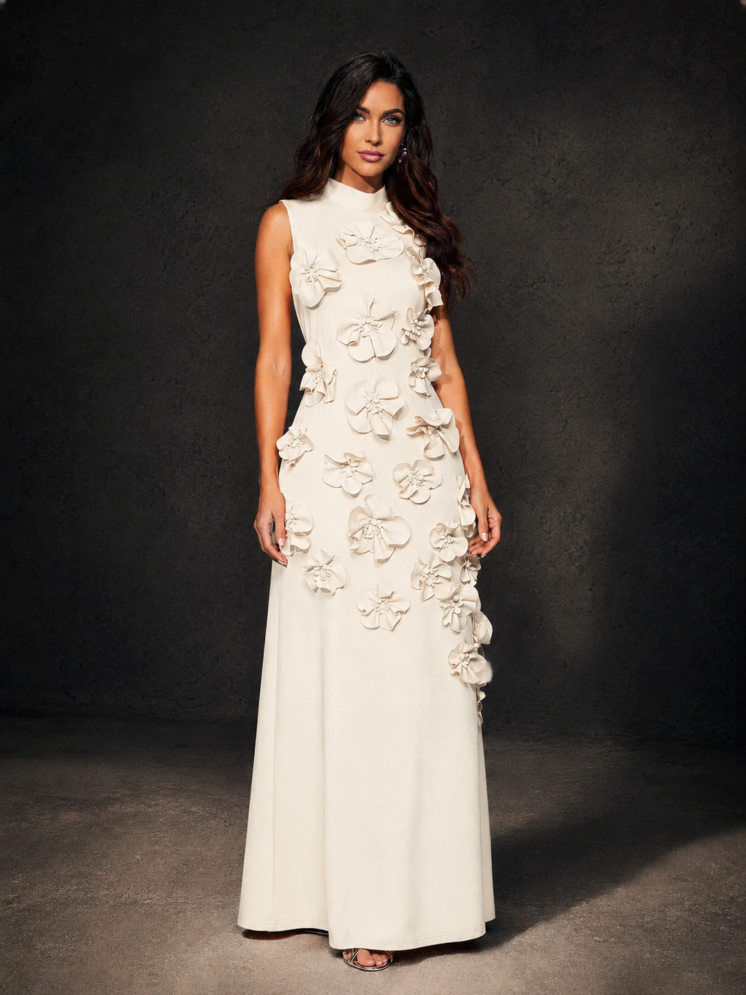 BOLODOO Ivory Mock Neck Sleeveless 3D Floral Appliqué Maxi Dress with Bow Back - Ivory