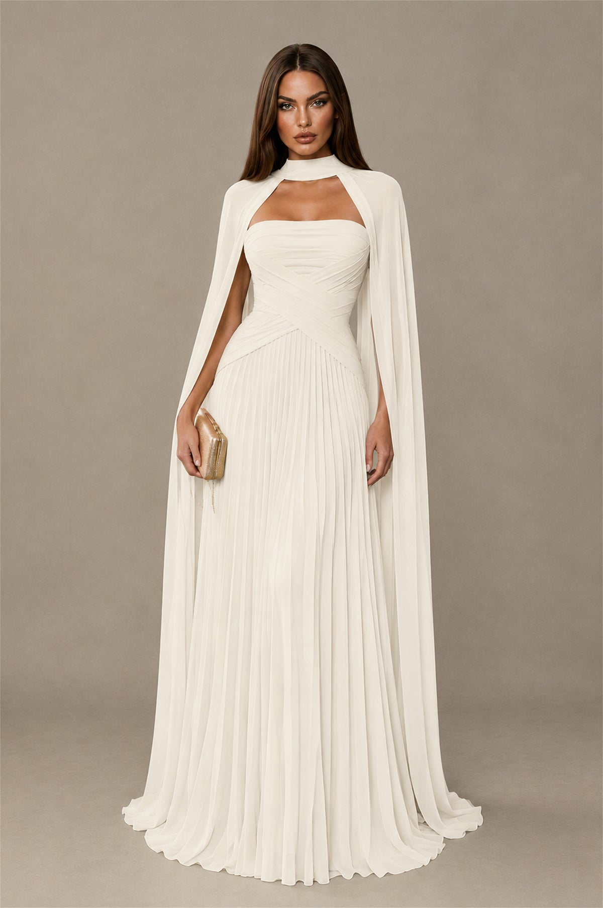 BOLODOO Ivory Strapless Crossover Ruched Bodice Detached Turtleneck Cape Lace-Up Back Pleated Chiffon Maxi Dress - Ivory
