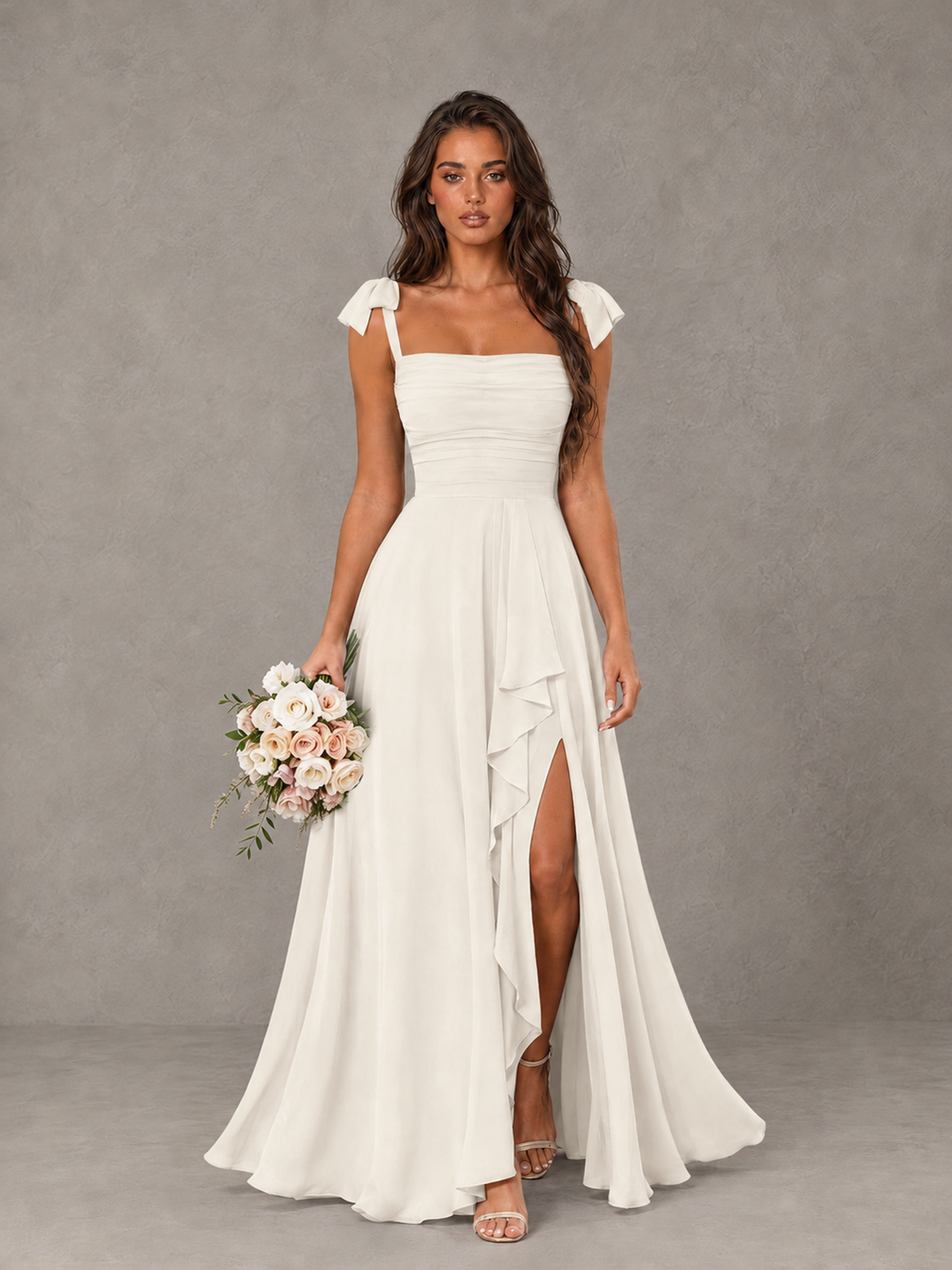 BOLODOO Ivory Bow-Strap Bridesmaid Dress with Ruffle Slit - Ivory - Ivory (1)