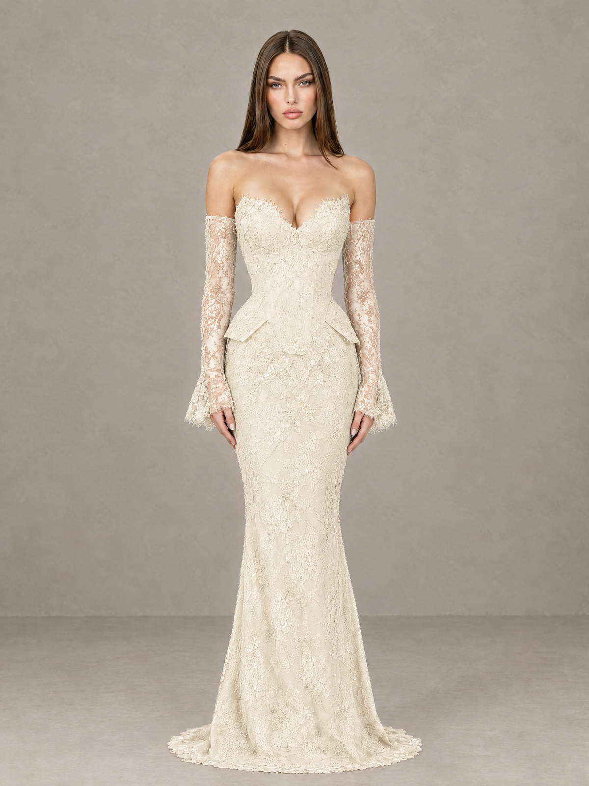 BOLODOO Ivory Lace Off-the-Shoulder Long Sleeve Mermaid Evening Gown - Ivory - Ivory (1)