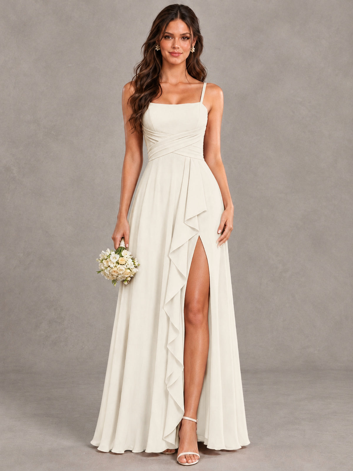 BOLODOO Ivory Spaghetti Strap Ruffle Bridesmaid Dress with Slit - Ivory - Ivory (1)