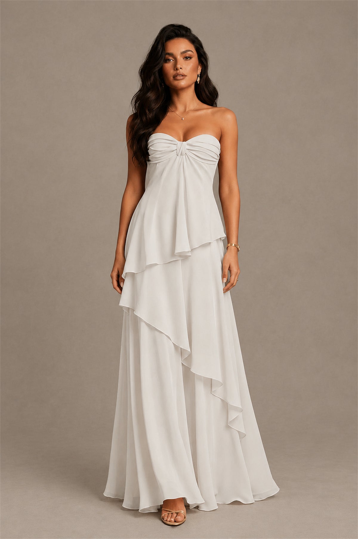 BOLODOO Ivory Strapless Sweetheart Knotted Chiffon Tiered Maxi Dress with Lace-Up Back - Ivory