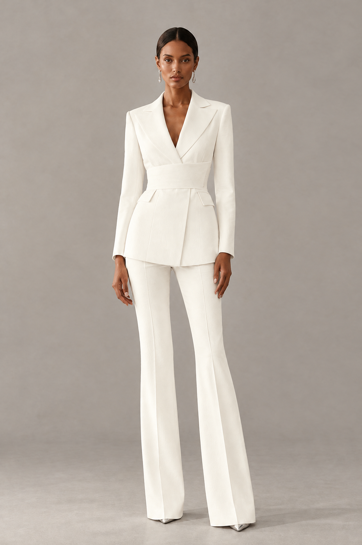 BOLODOO Ivory Two-Piece Pantsuit with Tailored Blazer & Flared Pants - Ivory - Ivory (1)