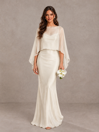 BOLODOO Ivory Satin Mermaid Bridesmaid Dress with Chiffon Cape - Ivory - Ivory (1)