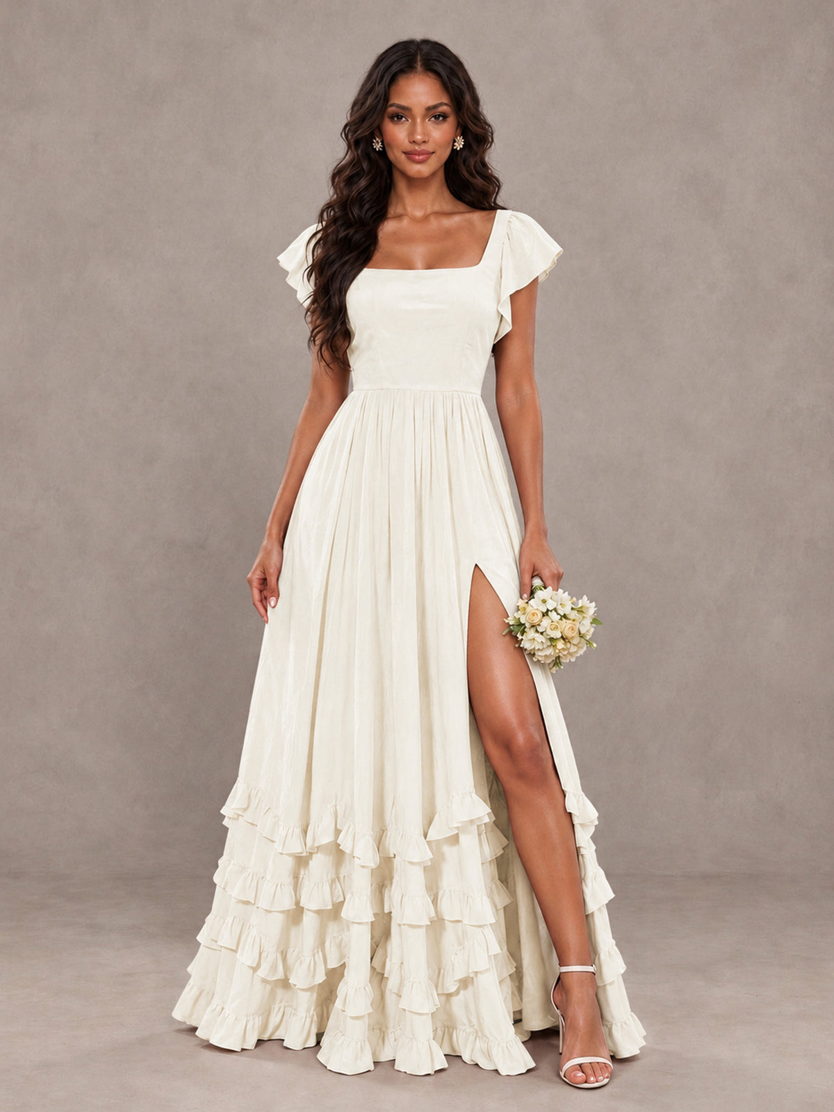 BOLODOO Ivory Flutter Sleeve Ruffle Bridesmaid Dress with Slit - Ivory - Ivory (1)