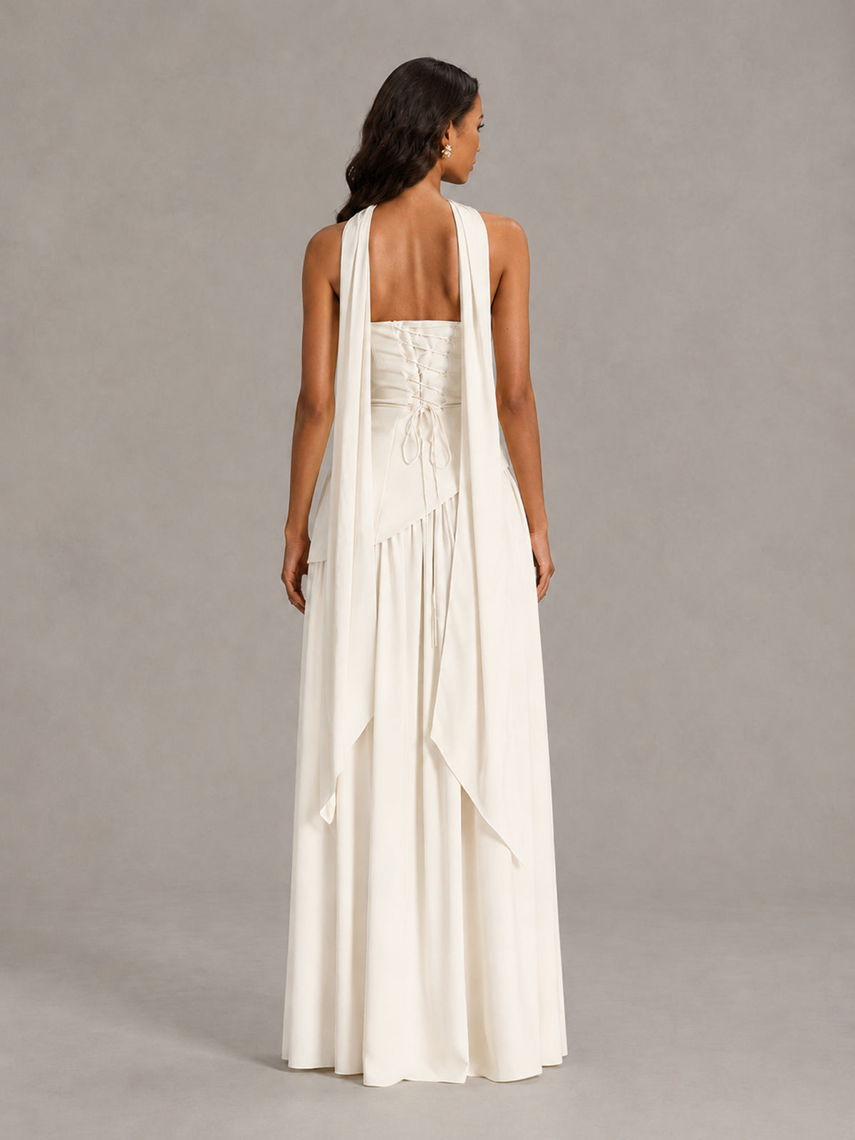 Ivory Strapless Bridesmaid Dress with Scarf & High Slit - Ivory - Ivory (2)