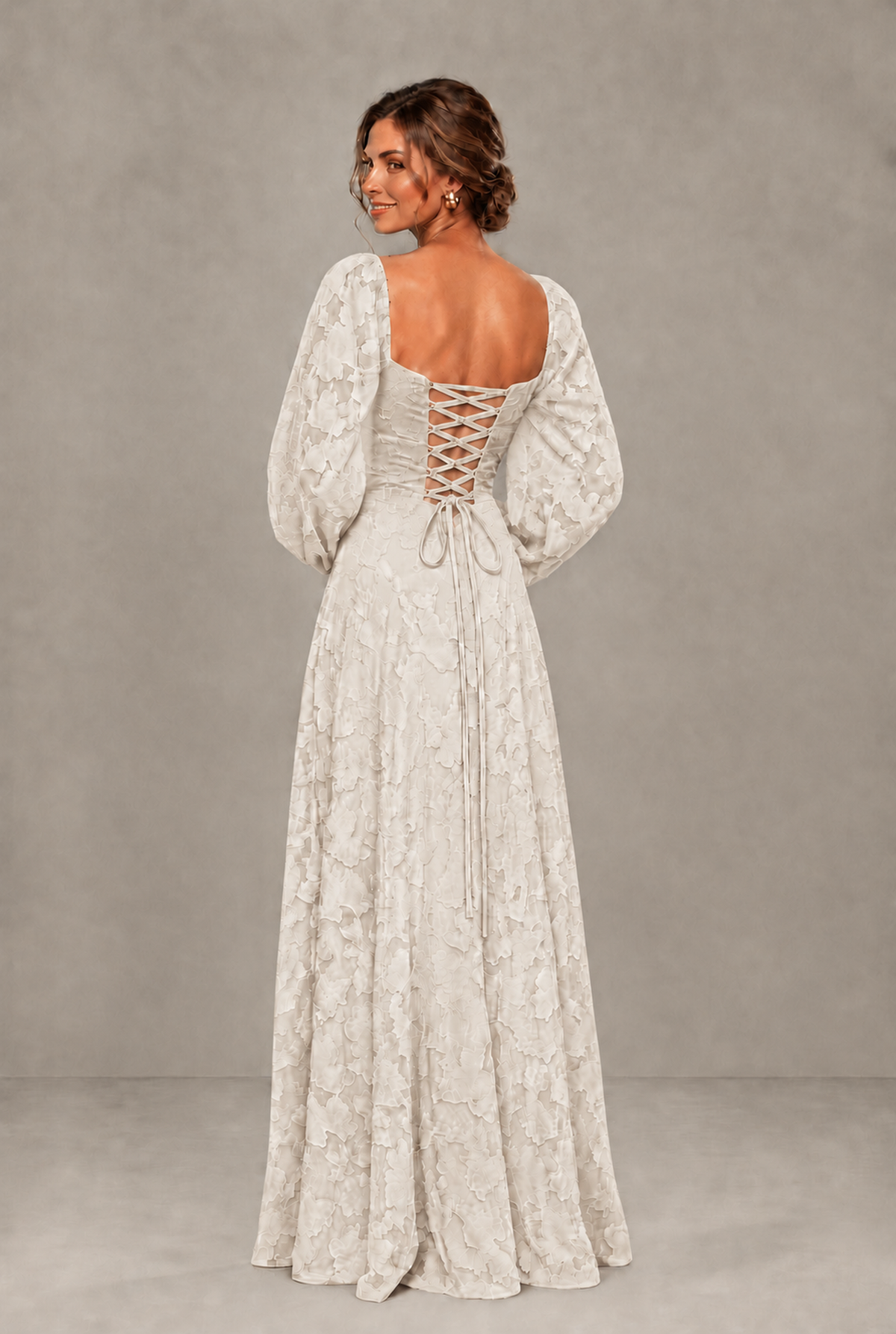 BOLODOO Floral Ivory Long Sleeve A-Line Dress with Lace-Up Back - Ivory