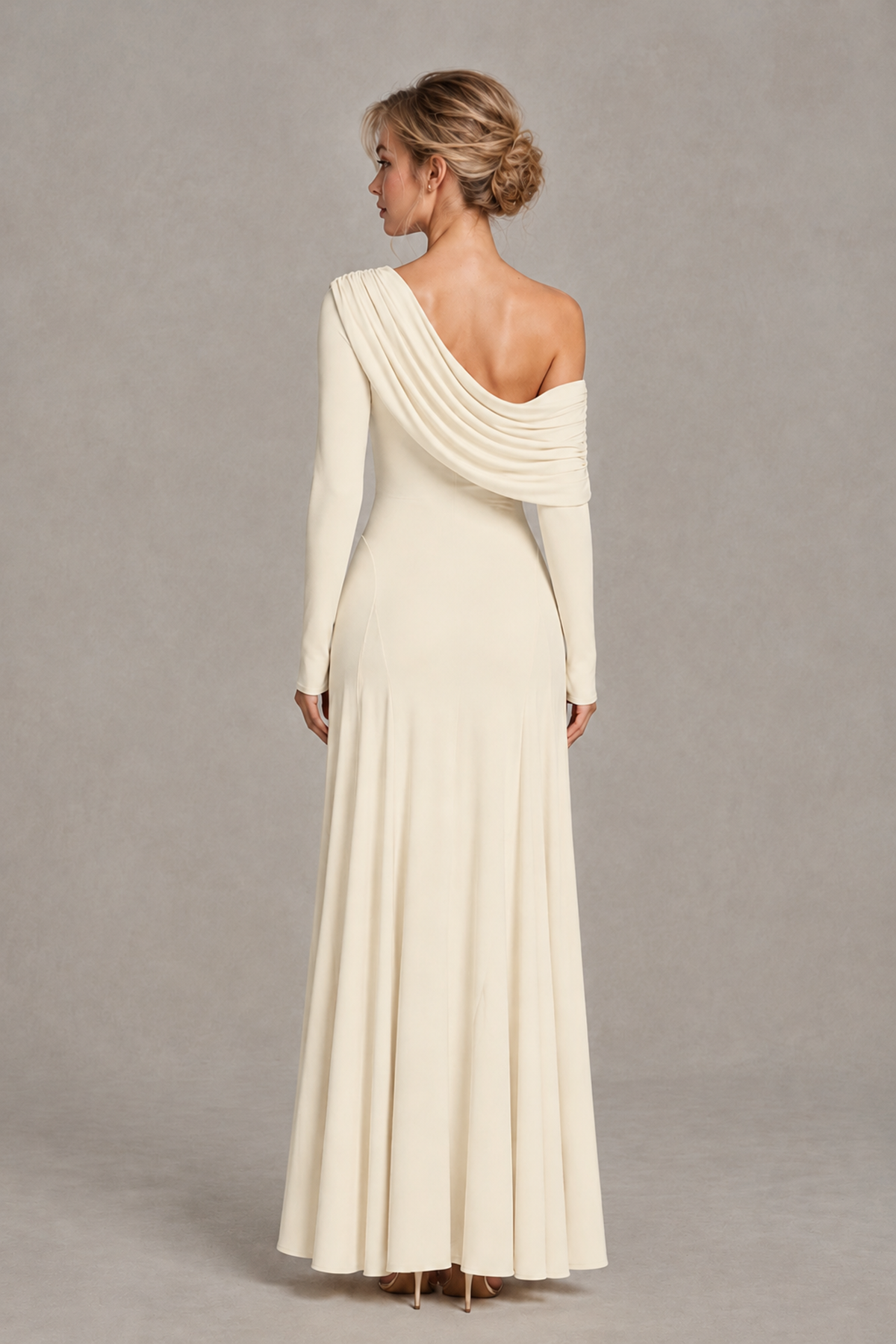 BOLODOO Ivory Asymmetric Draped Long Sleeve Evening Gown - Ivory