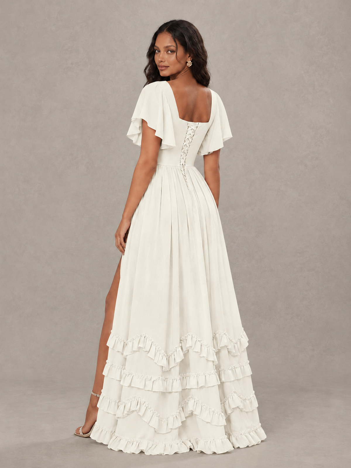 BOLODOO Ivory V-Neck Flutter Sleeve Ruffle Bridesmaid Dress with Slit - Ivory - Ivory (2)