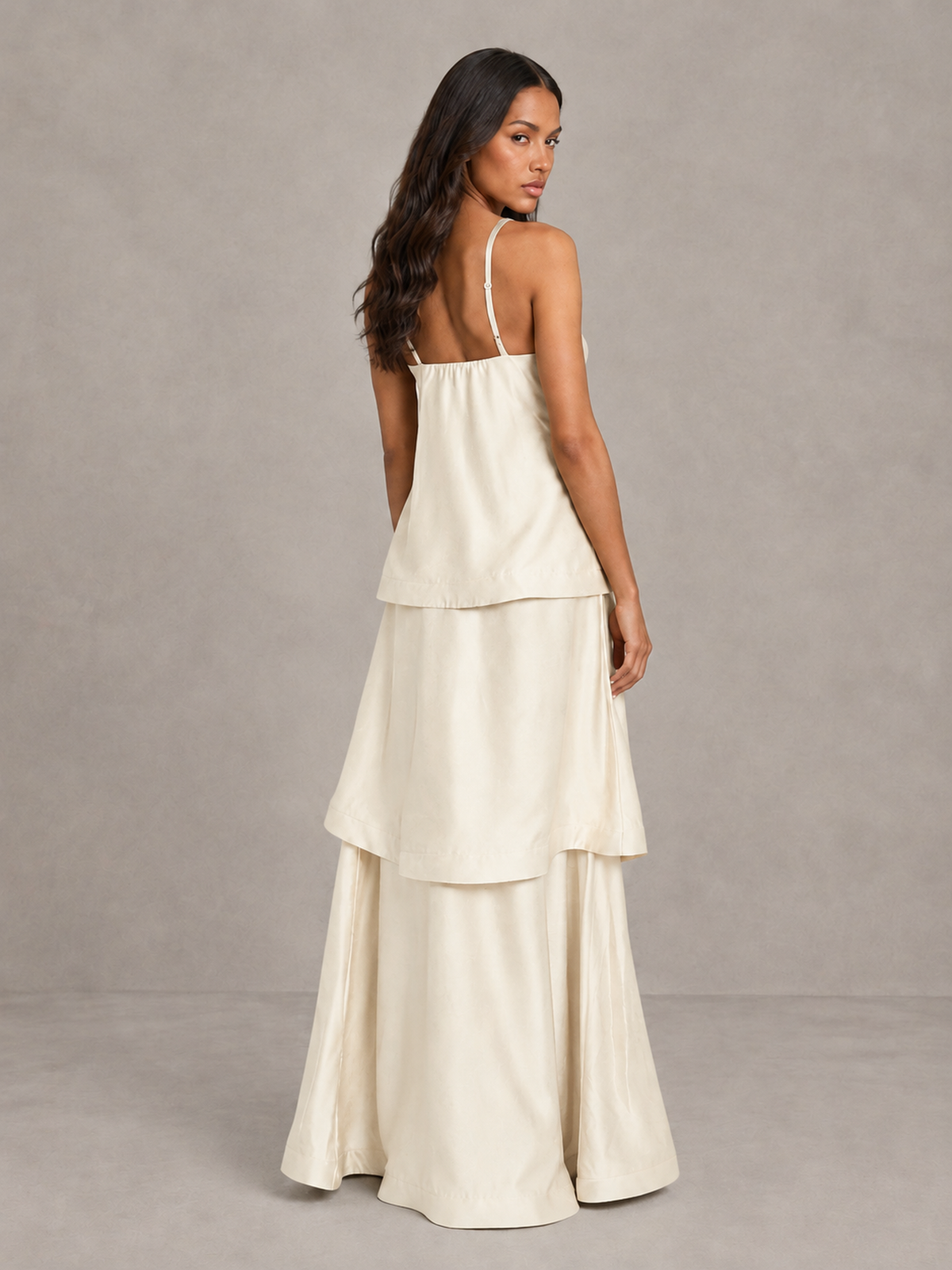 BOLODOO Ivory Satin Tiered Maxi Dress with Spaghetti Straps - Ivory