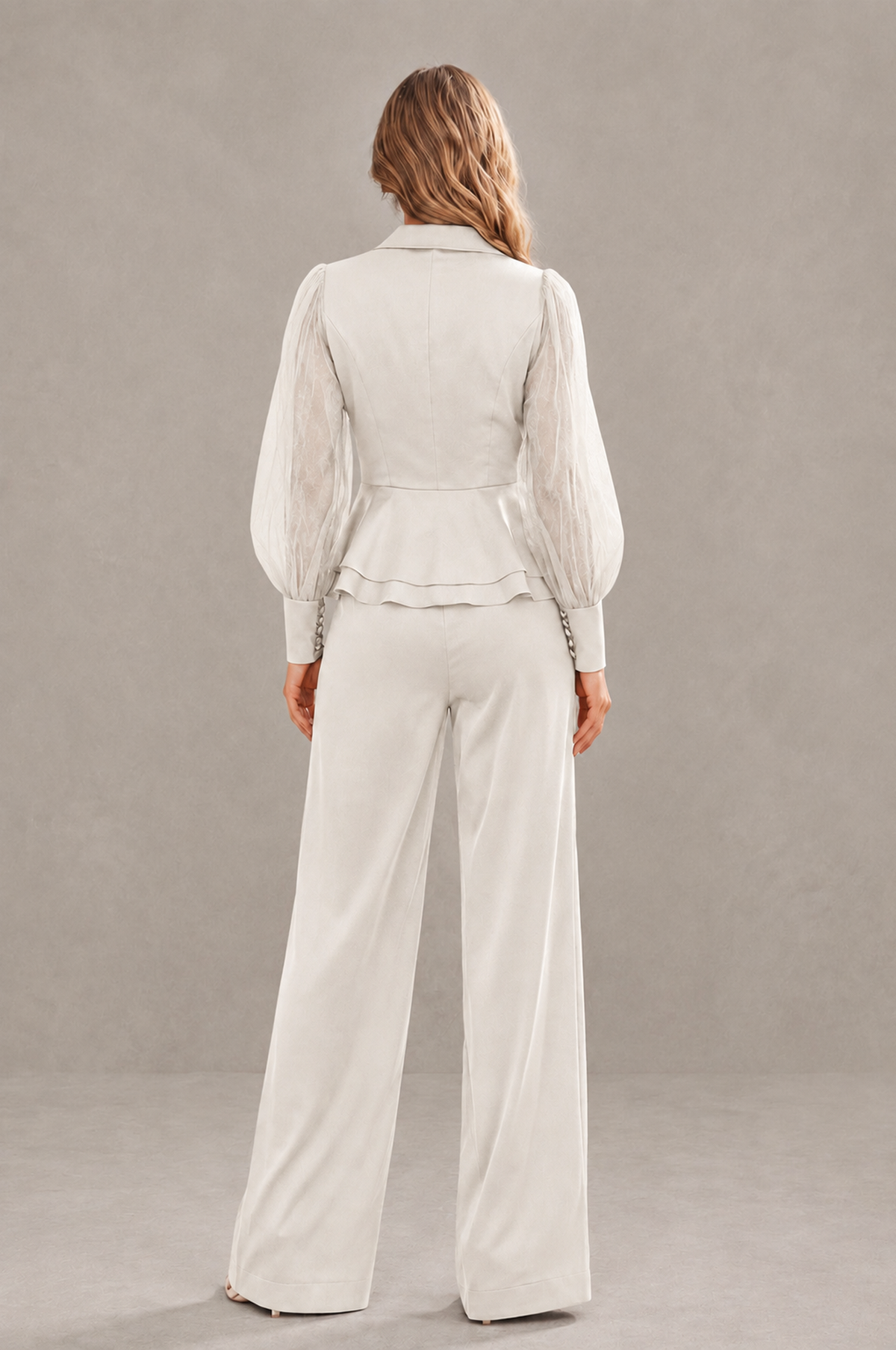 BOLODOO Mint Ivory Peplum Blazer Wide-Leg Pantsuit with Sheer Puff Sleeves - Ivory