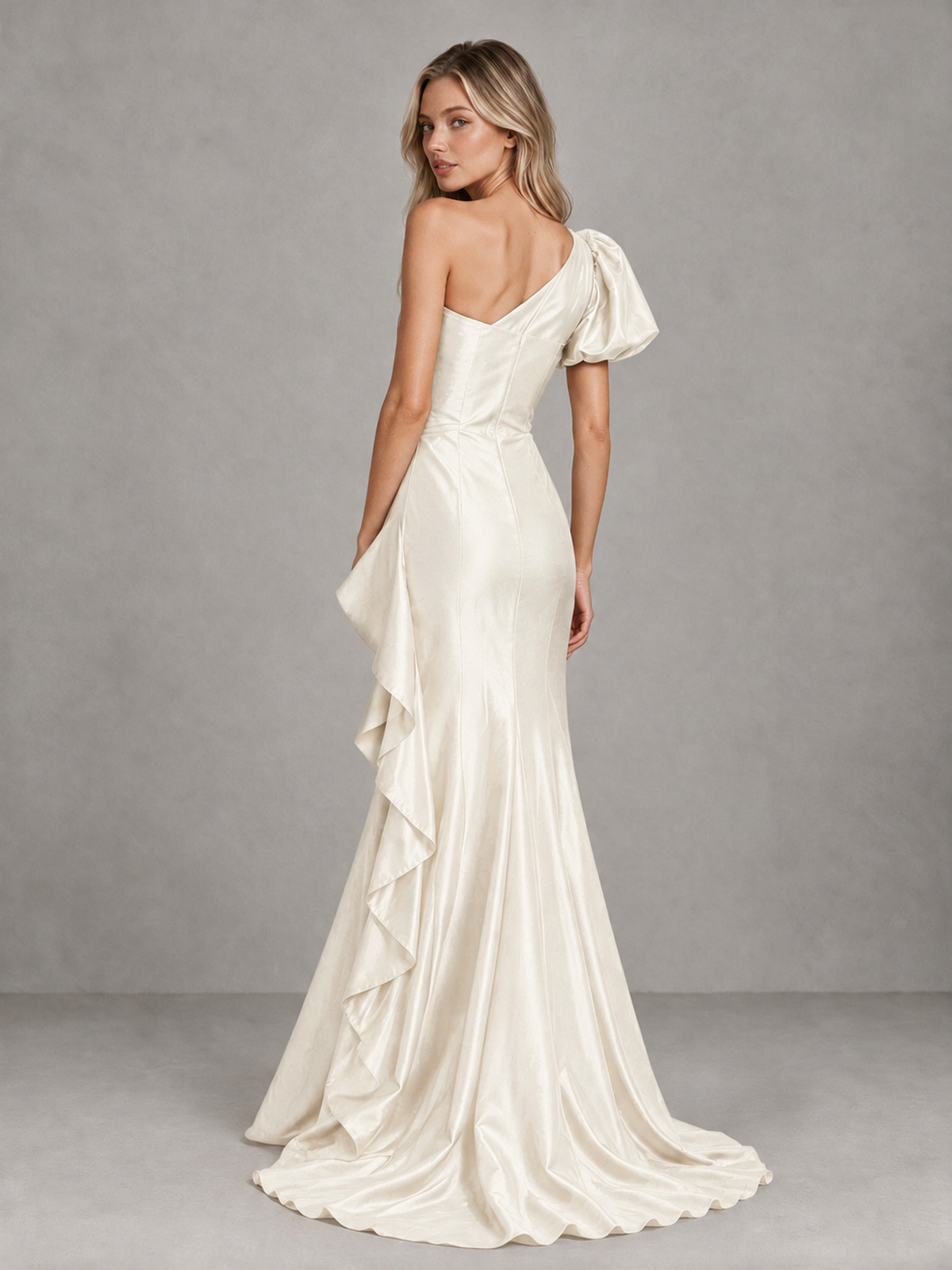 BOLODOO Ivory One-Shoulder Satin-Look Mermaid Evening Dress with Ruffles - Ivory - Ivory (2)