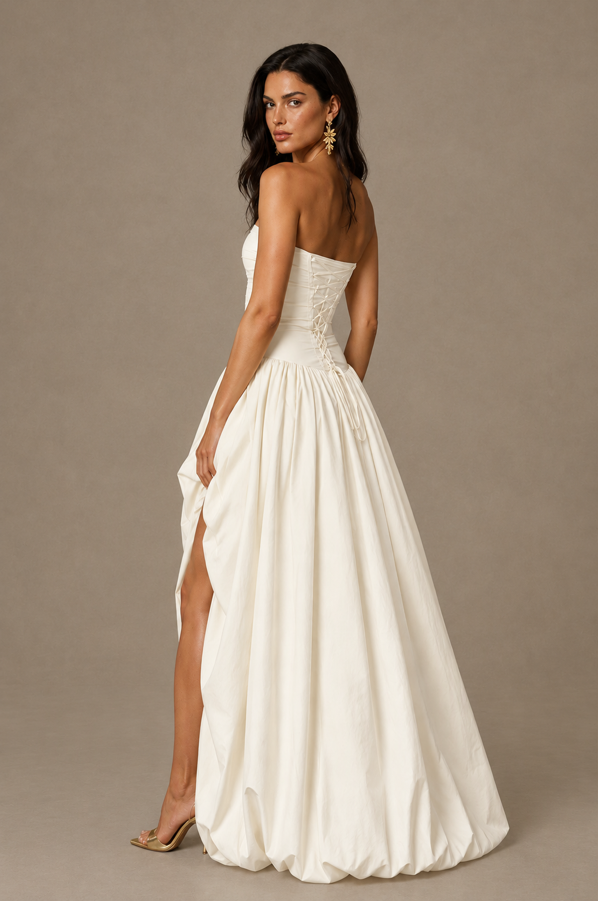 BOLODOO Ivory Strapless Ruched Corset Lace-Up Back Bubble Skirt High Slit Taffeta Maxi Dress - Ivory