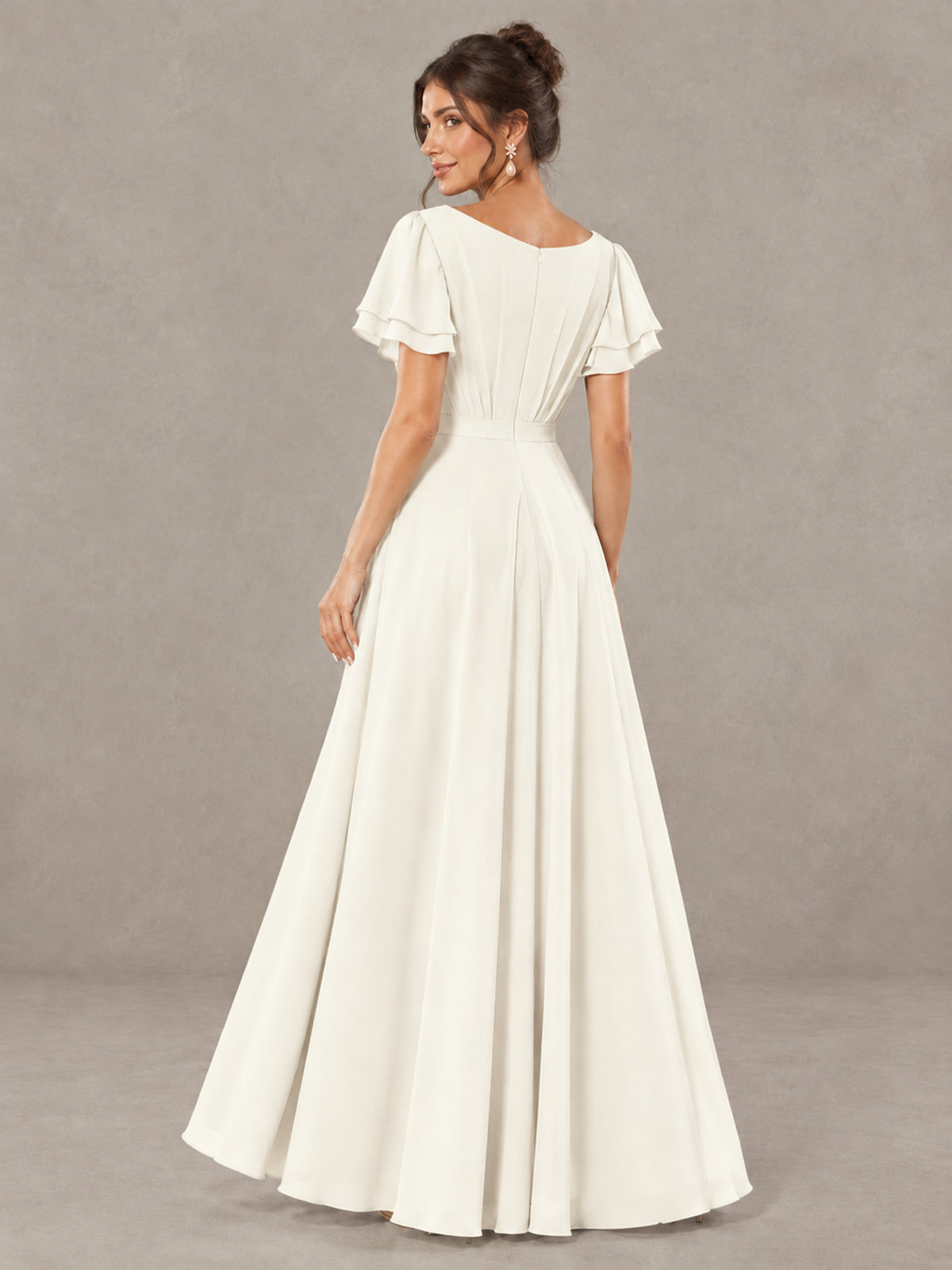 BOLODOO Ivory Flutter Sleeve Ruffle Bridesmaid Dress with Slit - Ivory - Ivory (2)