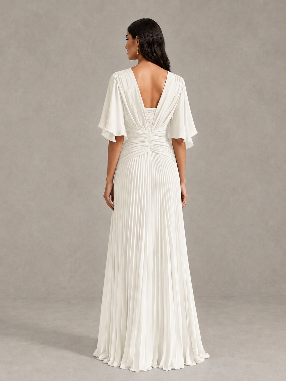BOLODOO Ivory Pleated V-Neck Flutter Sleeve Bridesmaid Dress - Ivory - Ivory (2)