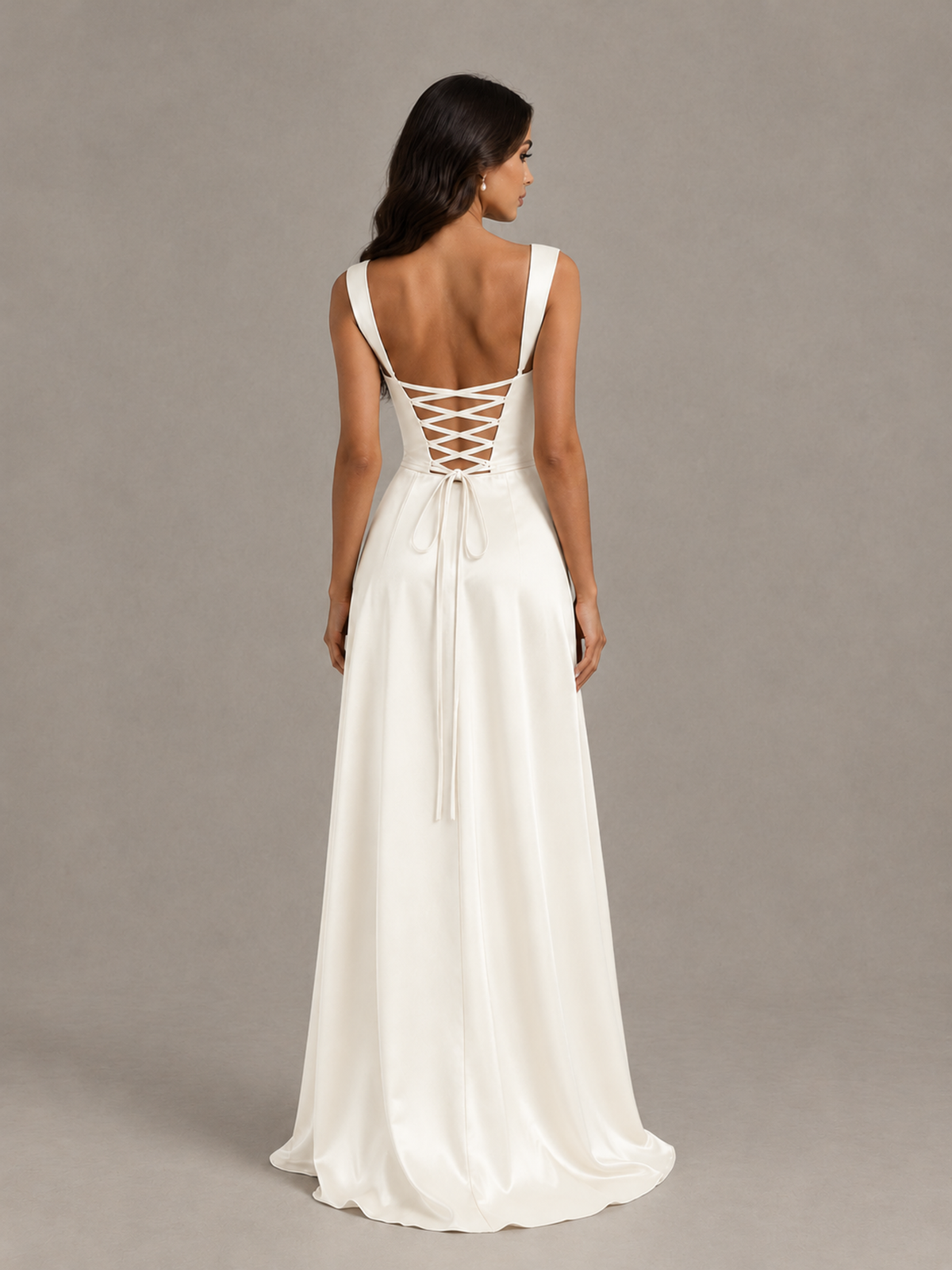 BOLODOO Ivory Satin Lace-Up Bridesmaid Dress with Slit - Ivory - Ivory (2)