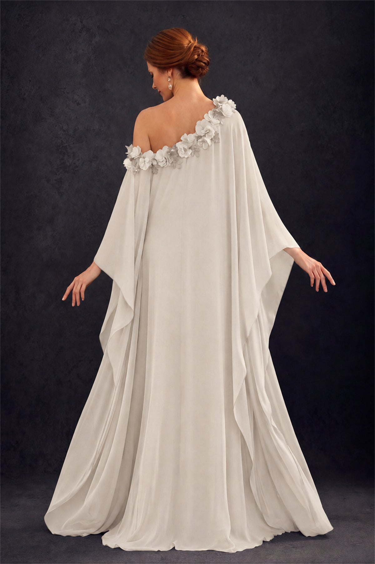 BOLODOO Ivory 2-Piece Set: Off-Shoulder 3D Floral Cape Gown & One-Shoulder Wide-Leg Jumpsuit | BD0373 - Ivory