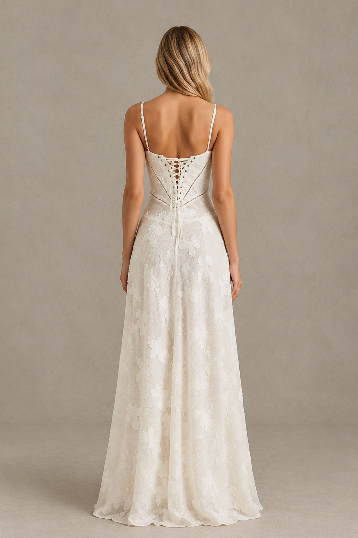 BOLODOO Ivory Floral Lace Wedding Guest Dress Spaghetti Straps Prom Dress - Ivory - Ivory (2)