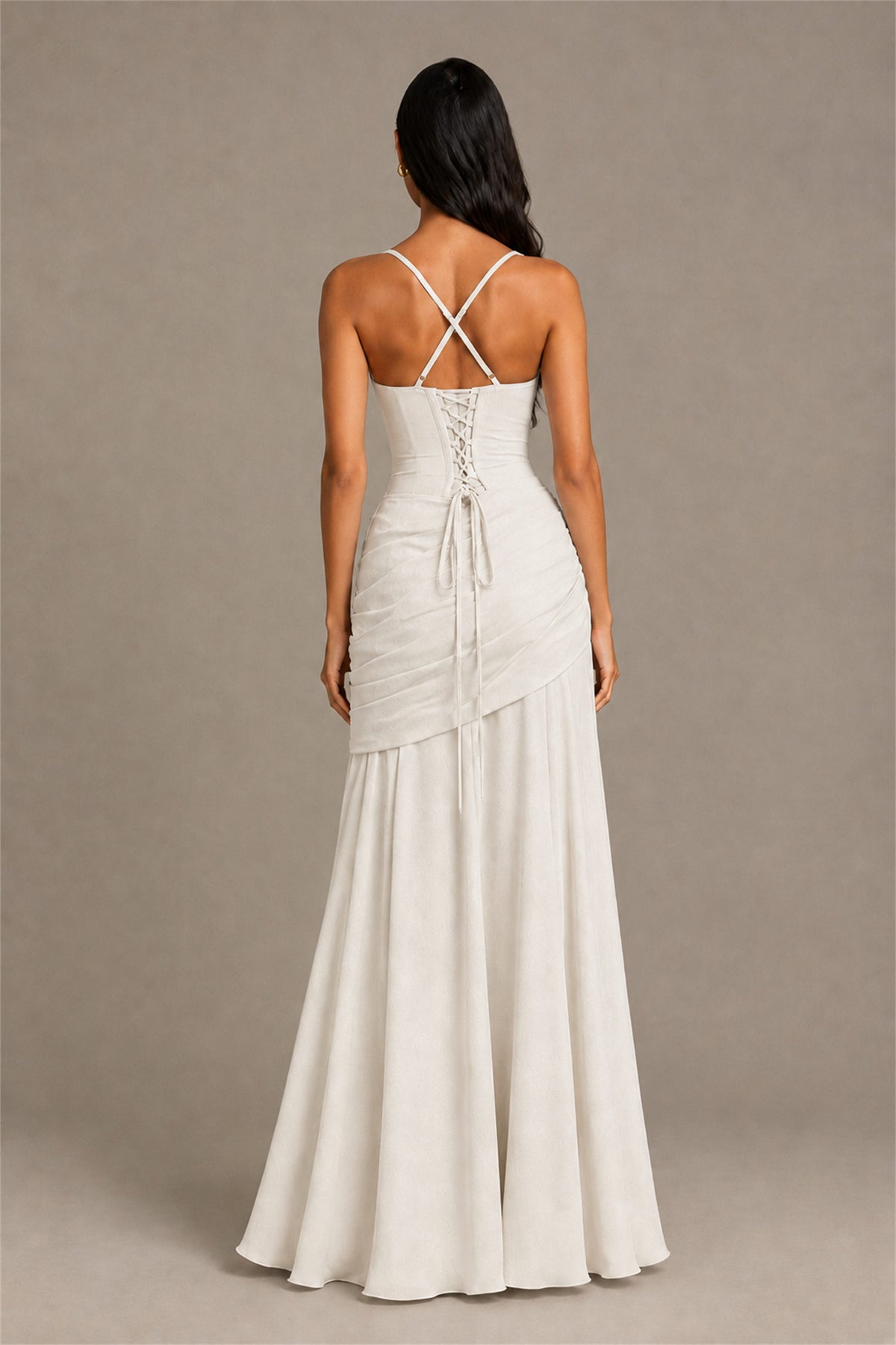 BOLODOO Square Neck Ruched A-Line Maxi Dress - Ivory Backless Evening Gown - Ivory
