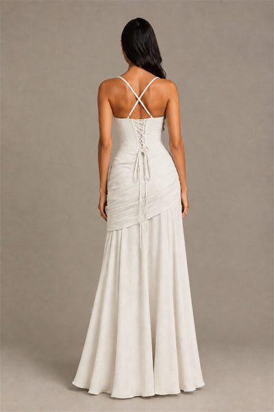BOLODOO Square Neck Ruched A-Line Maxi Dress - Ivory Backless Evening Gown - Ivory
