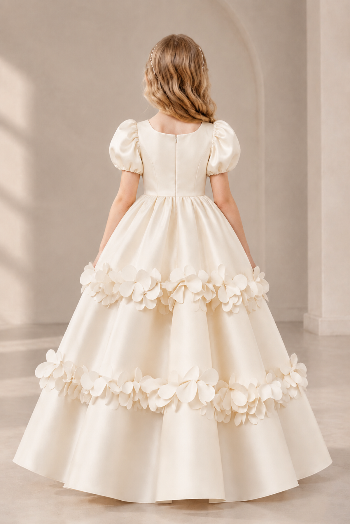 BOLODOO Ivory Satin Flower Girl Dress with Floral Appliques - Ivory