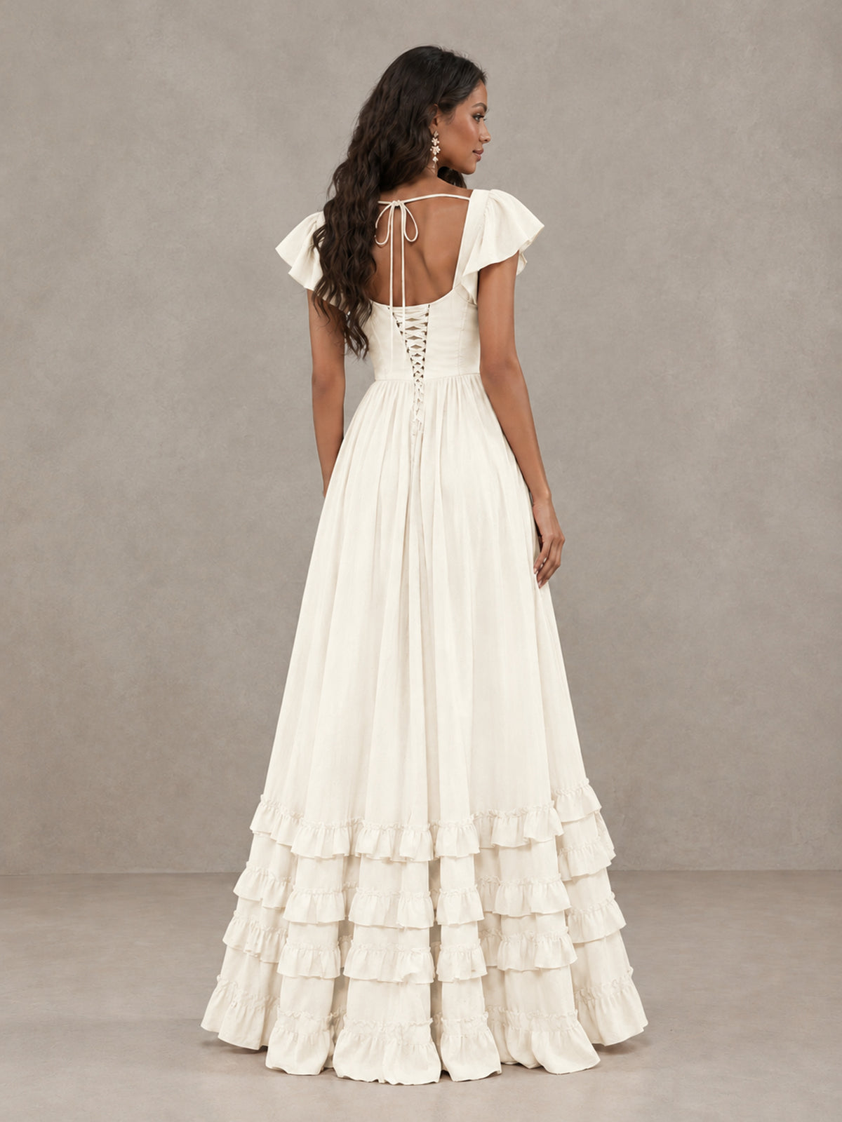 BOLODOO Ivory Flutter Sleeve Ruffle Bridesmaid Dress with Slit - Ivory - Ivory (2)
