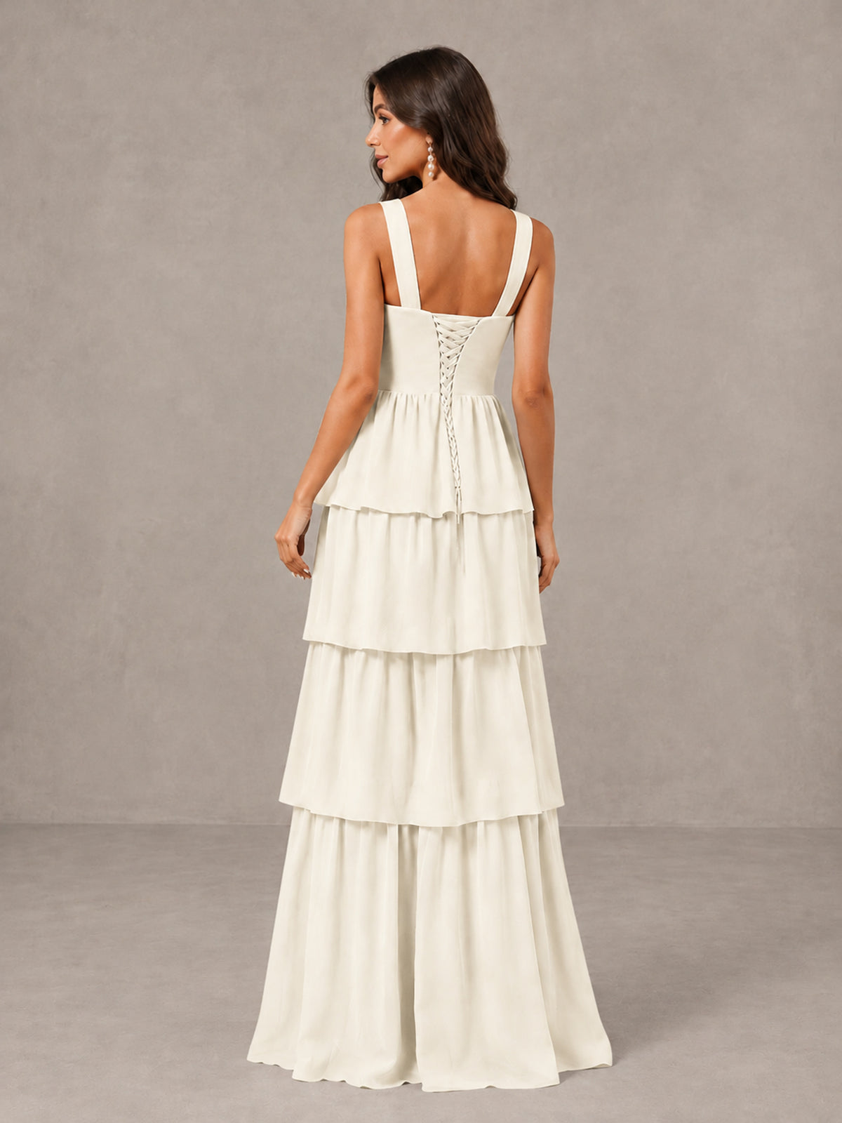 BOLODOO Ivory Square Neck Tiered Bridesmaid Dress with Slit - Ivory - Ivory (2)