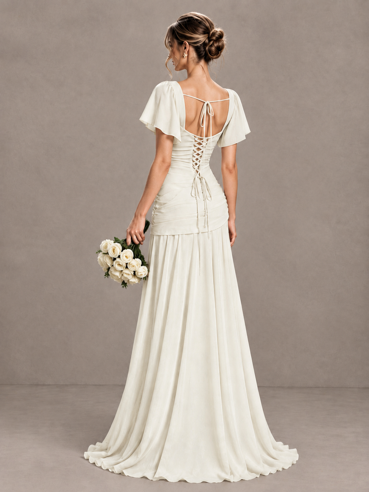 BOLODOO Ivory Flutter Sleeve Lace-Up Back Maxi Dress - Ivory - Ivory (2)