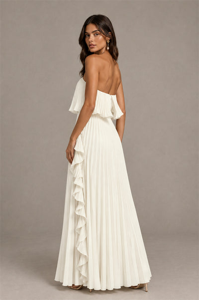 BOLODOO Ivory Strapless Ruffle Bodice Dual Cascading Ruffle Accordion Pleated Chiffon Maxi Dress - Ivory
