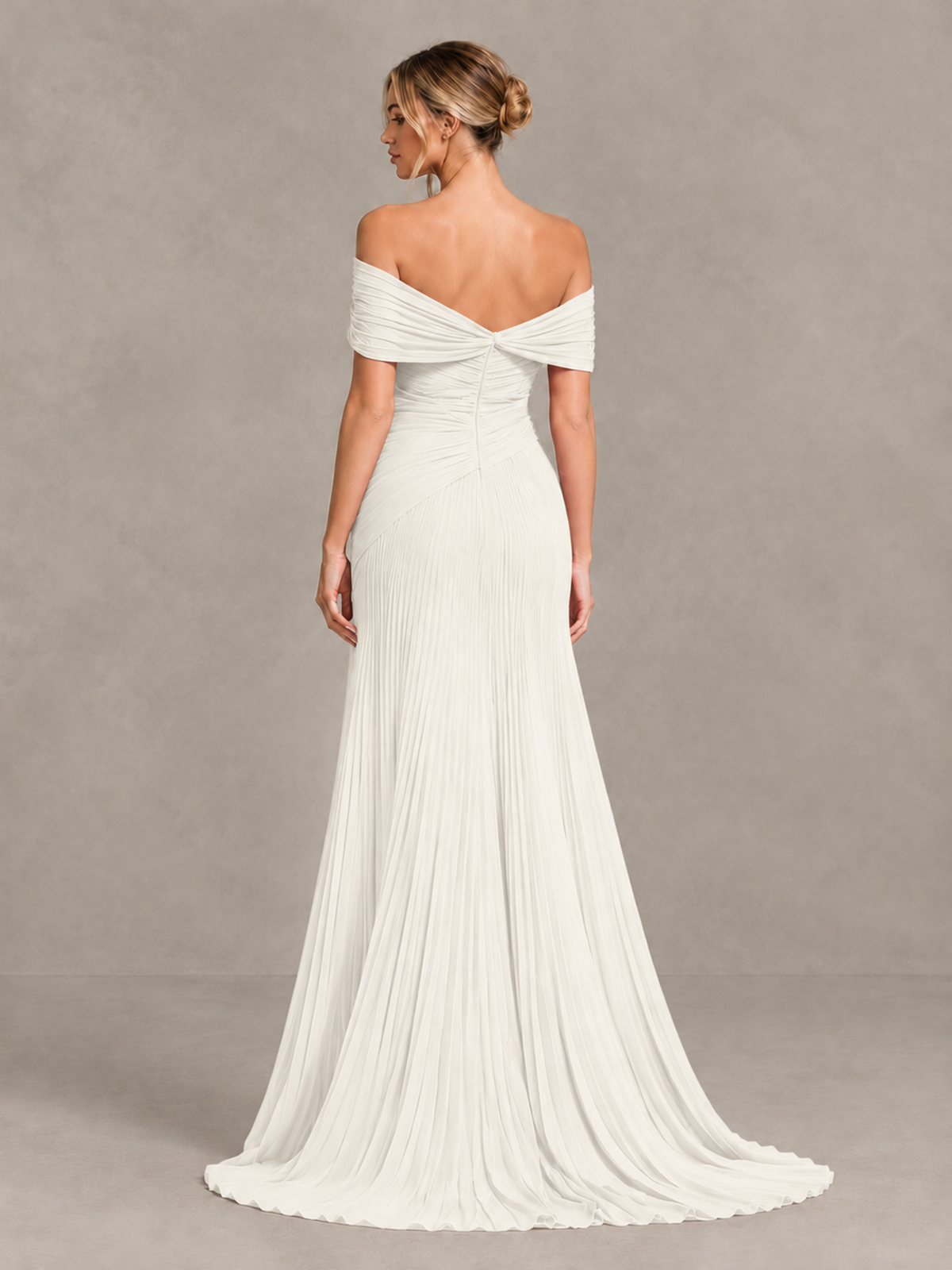 BOLODOO Ivory Off-Shoulder Ruched Pleated Maxi Dress with High Slit - Ivory - Ivory (2)