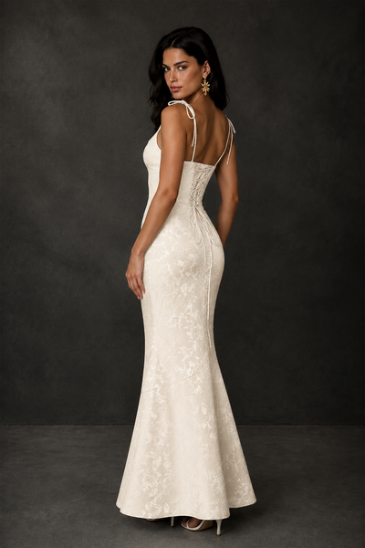 BOLODOO Ivory Scoop Neck Tie Strap Lace-Up Back Floral Jacquard Mermaid Maxi Dress - Ivory
