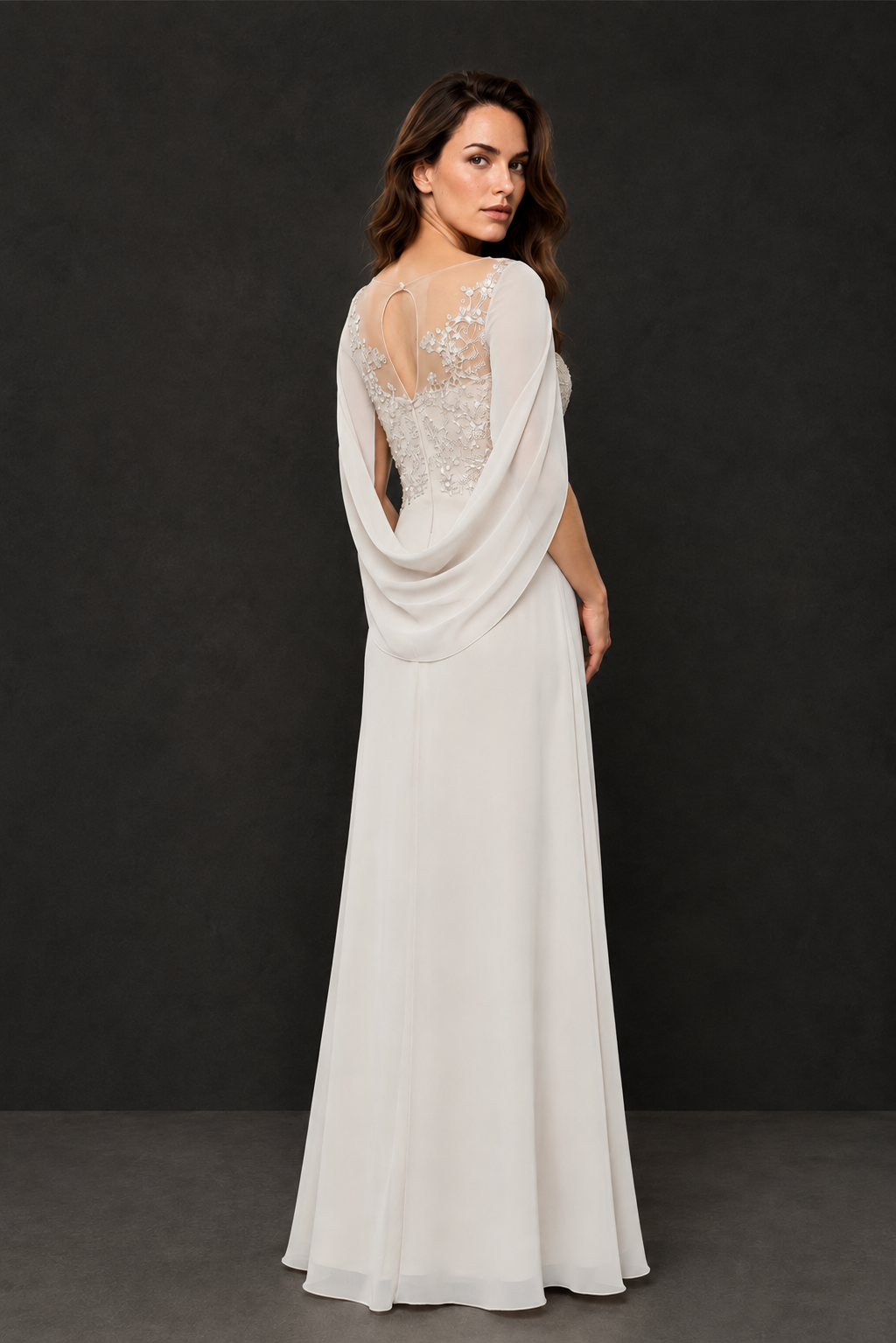 BOLODOO Ivory Illusion Lace One-Side Cape Sleeve Beaded Chiffon Floor Length Gown | Mother of the Bride Evening Dress - Ivory