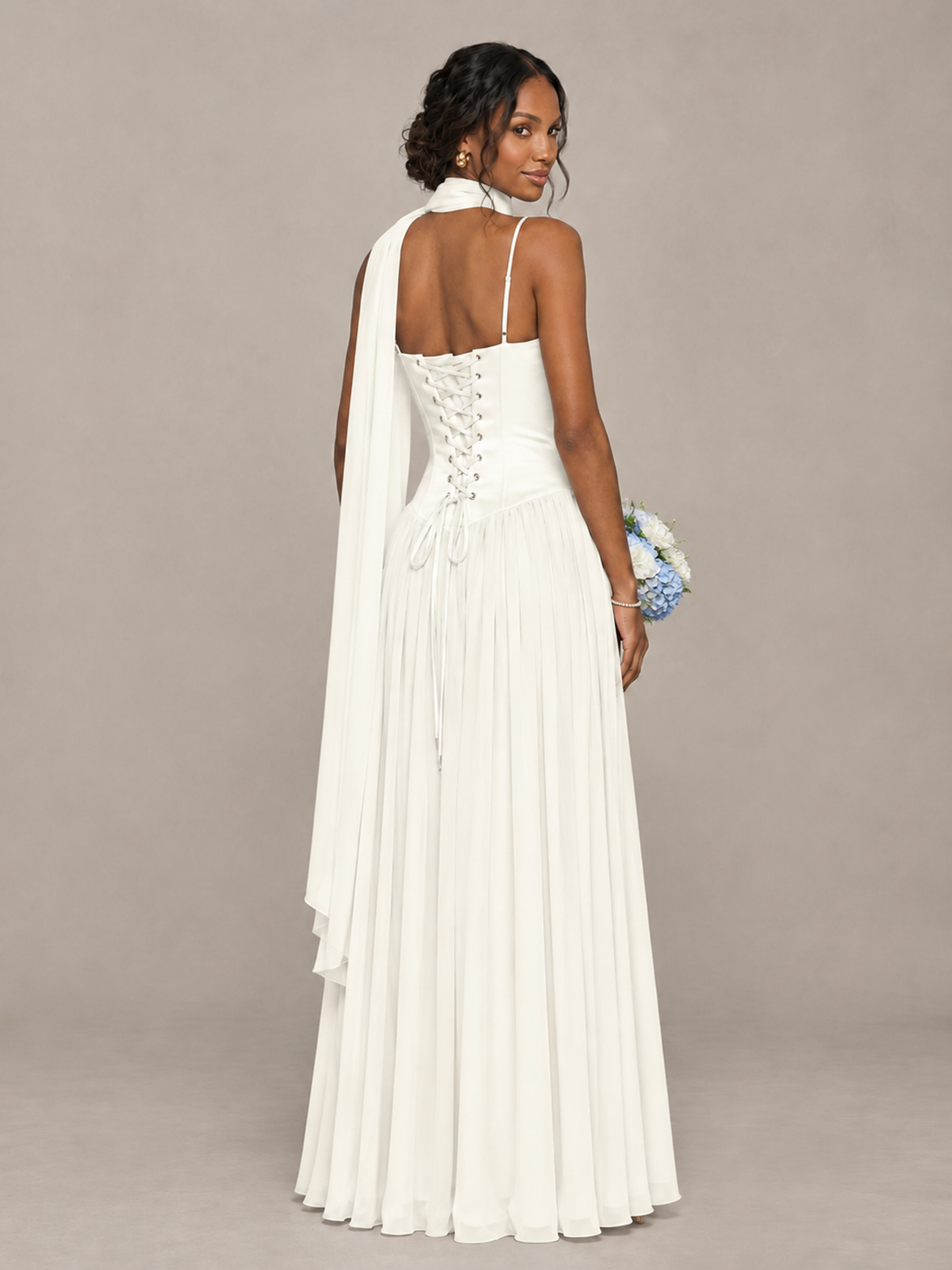 BOLODOO Ivory Corset Bridesmaid Dress with Scarf - Ivory - Ivory (2)