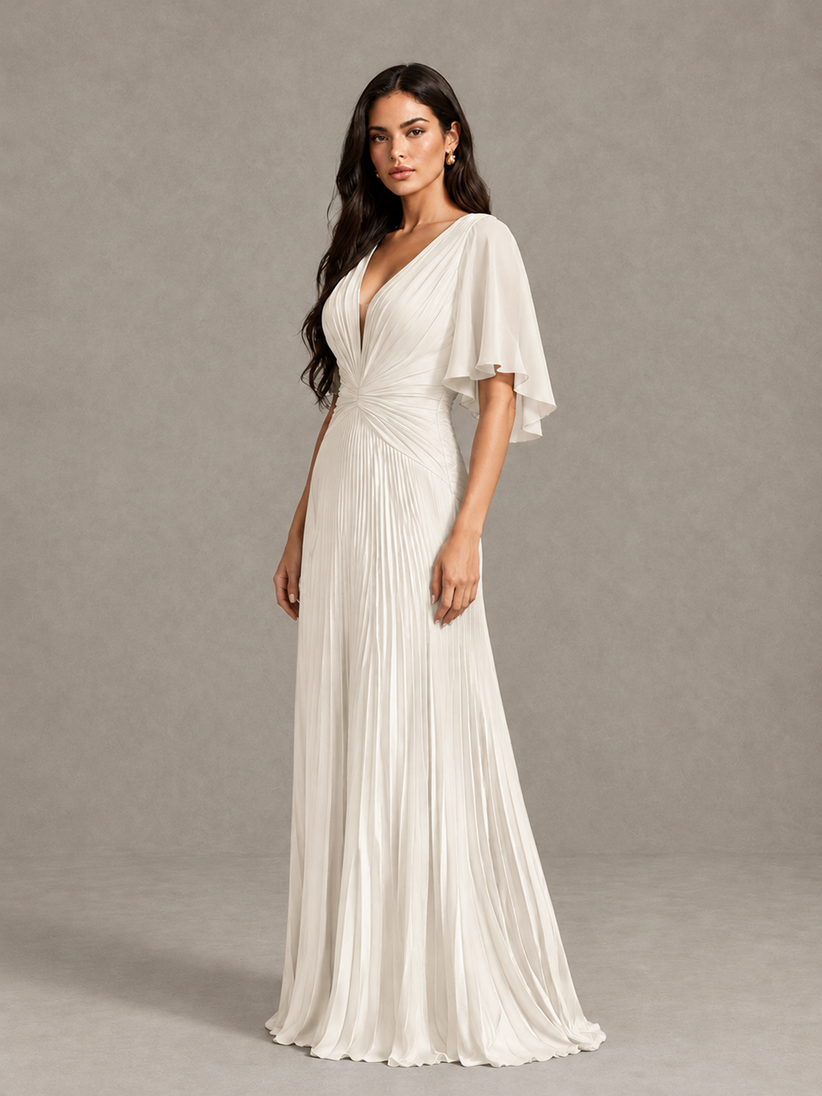 BOLODOO Ivory Pleated V-Neck Flutter Sleeve Bridesmaid Dress - Ivory - Ivory (2)