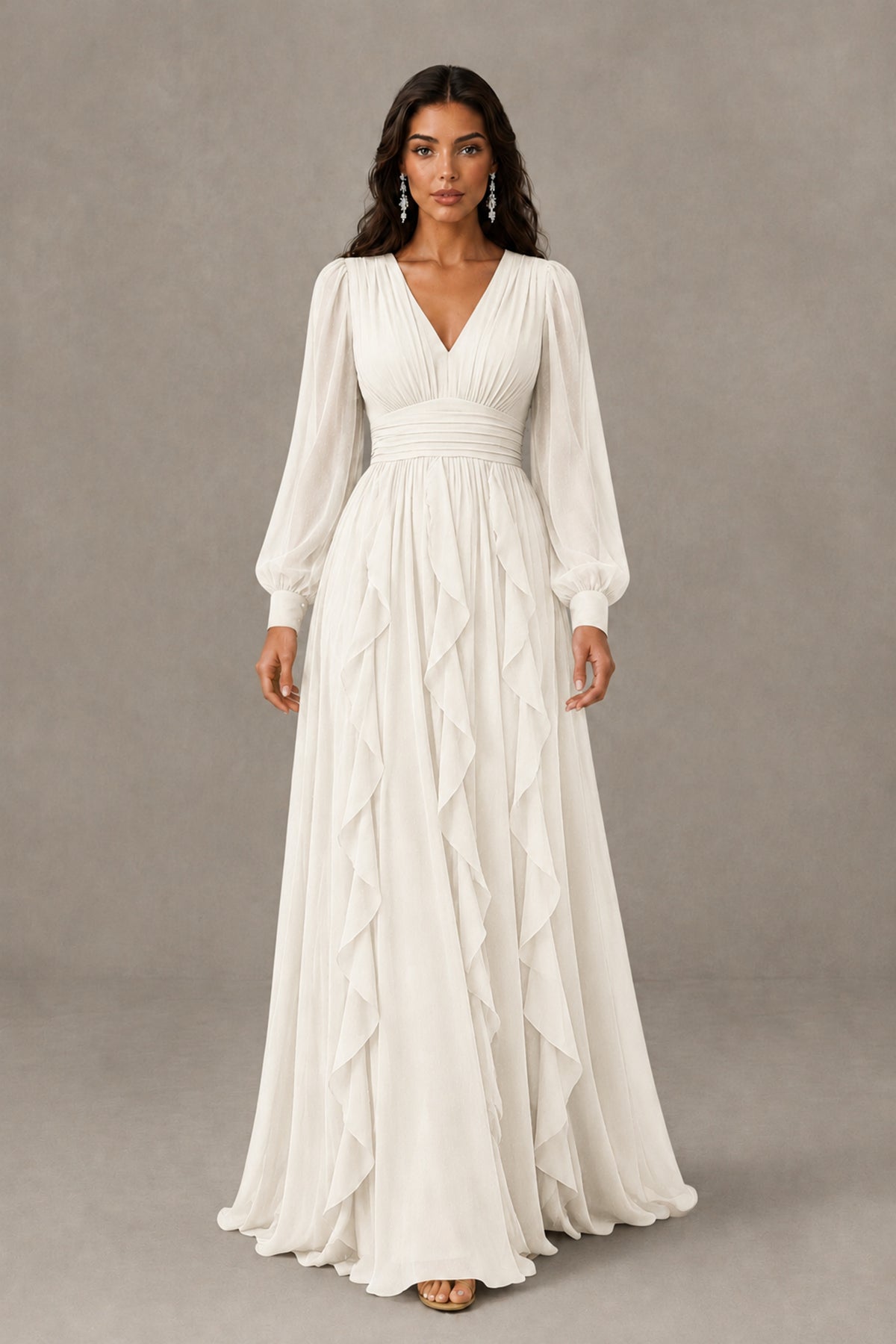 BOLODOO Ivory Long Sleeve V-Neck Ruffle Maxi Dress - Ivory - Ivory (2)