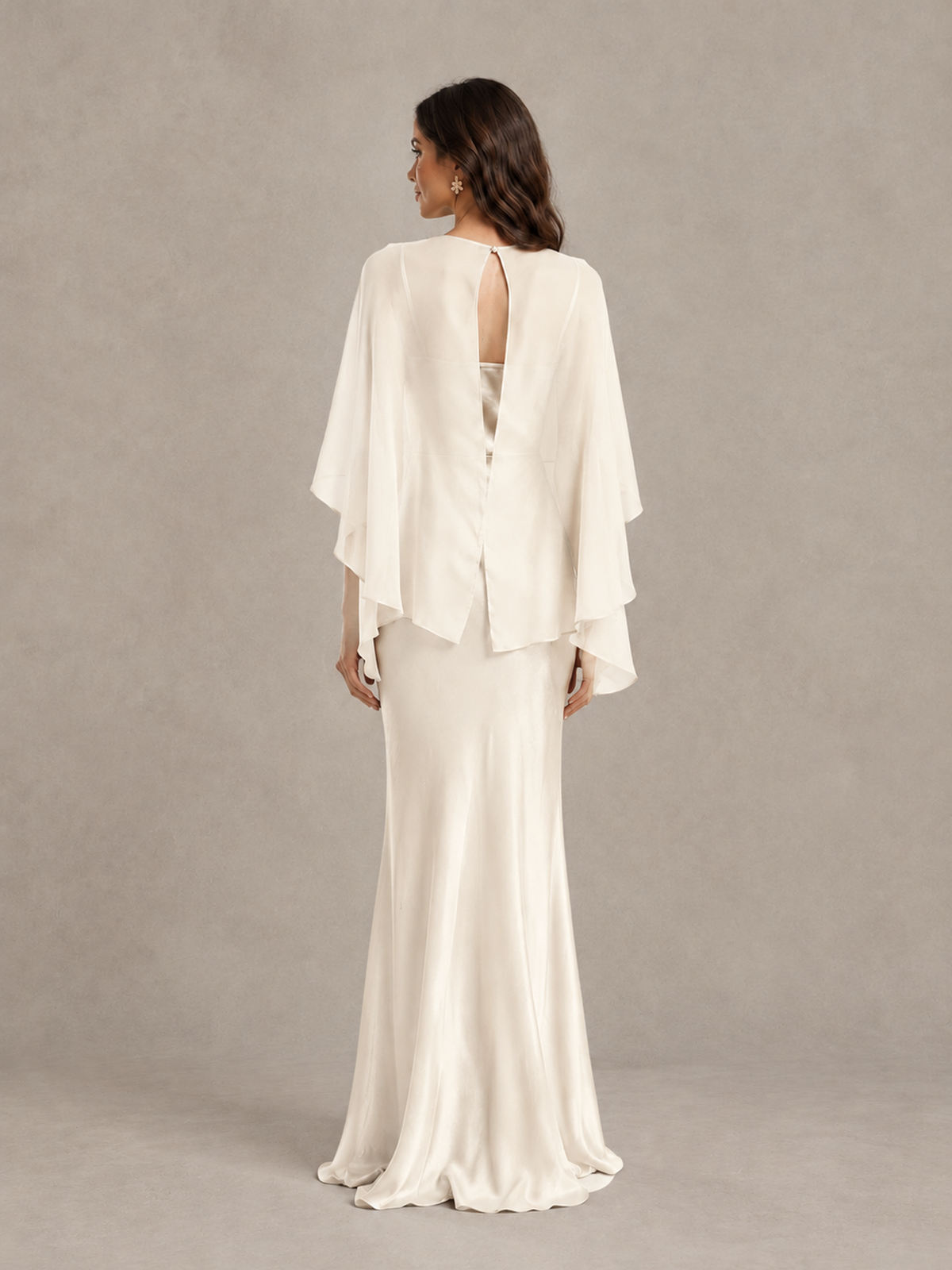 BOLODOO Ivory Satin Mermaid Bridesmaid Dress with Chiffon Cape - Ivory - Ivory (2)