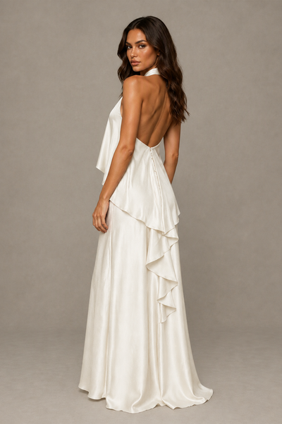 BOLODOO Ivory Halter Neck Cascading Ruffle Cape Open Back Side Slit Satin Maxi Dress - Ivory