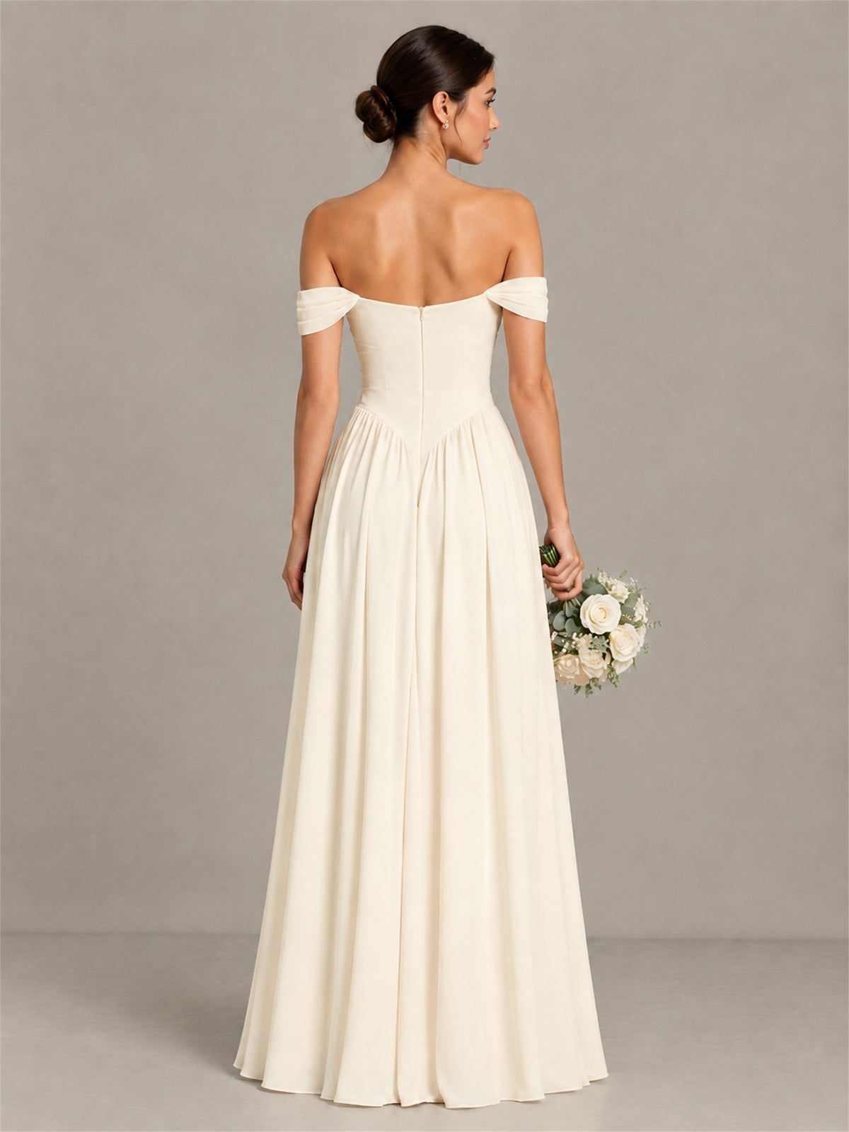 BOLODOO Ivory Off-Shoulder Chiffon A-Line Bridesmaid Dress - Ivory