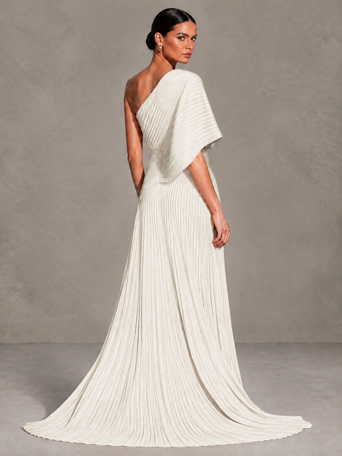 BOLODOO Ivory One-Shoulder Pleated Cape Evening Gown with Train - Ivory - Ivory (2)