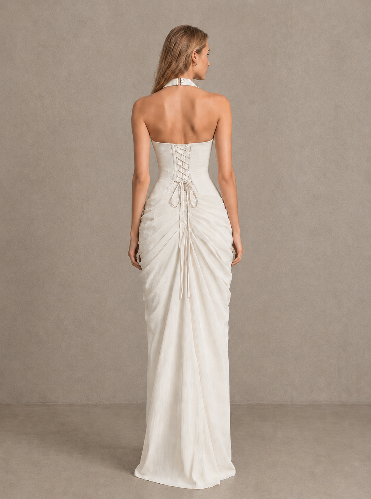 BOLODOO Ivory Halter Neck Ruched Maxi Dress with High Slit - Ivory