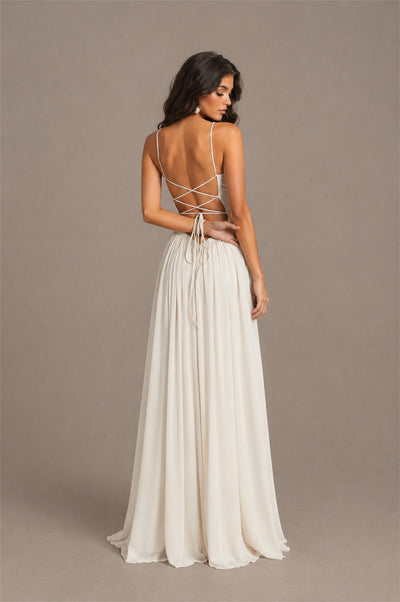BOLODOO Ivory Spaghetti Strap Square Neck Ruched Chiffon Maxi Dress with Lace-Up Back - Ivory