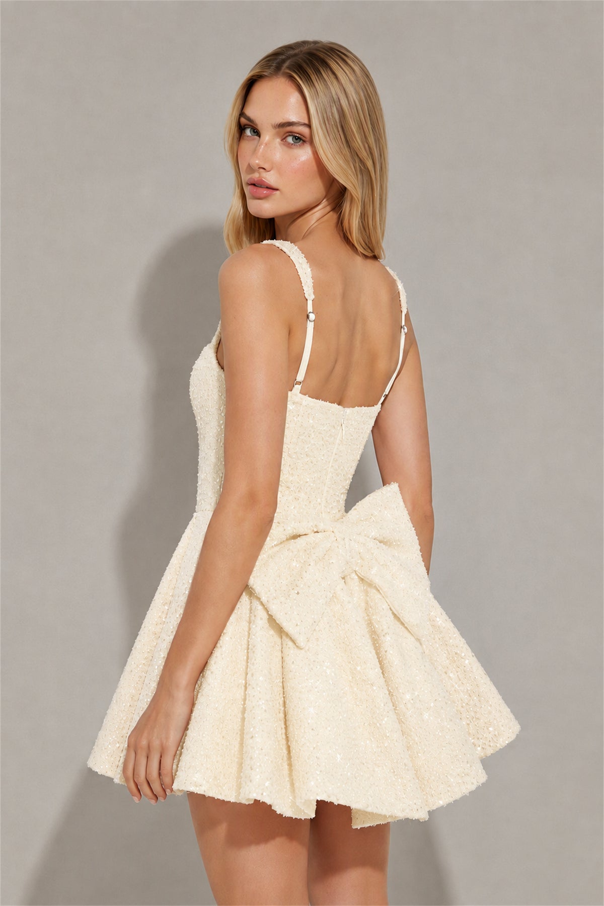 BOLODOO Ivory Sequin Square Neck Wide Strap Bow Waist Open Back Fit and Flare Mini Dress | Prom Birthday Party Dress - Ivory