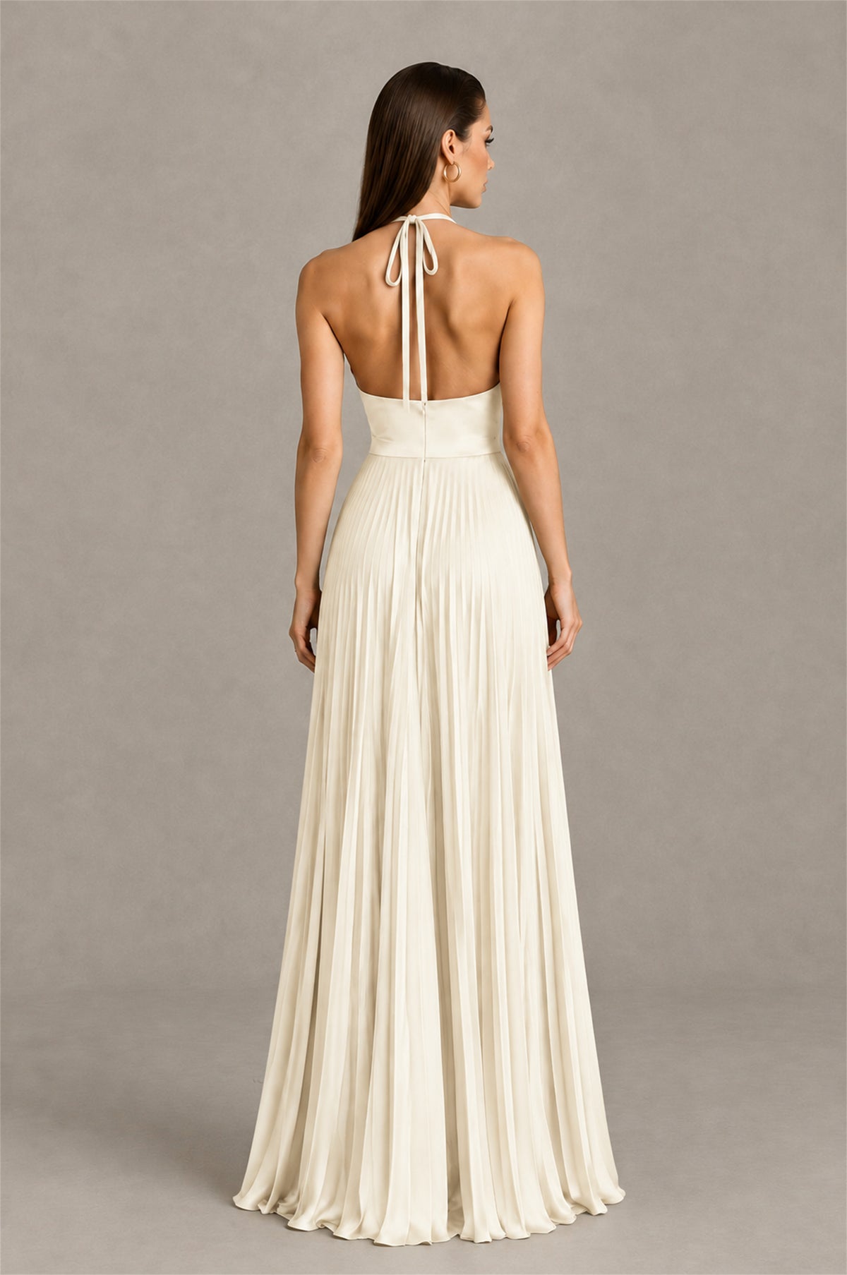 BOLODOO Ivory Halter Pleated A-Line Evening Dress - Ivory